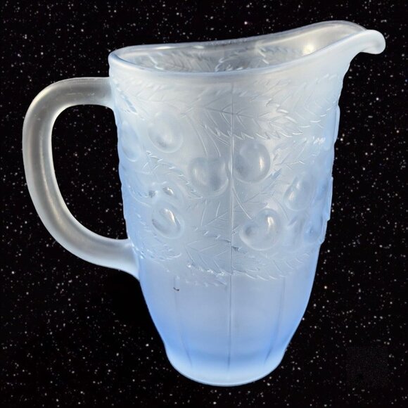 Vintage Light Blue Satin Frosted Glass Raised Cherries Leaves Carafe Pitcher Jug - Picture 10 of 12